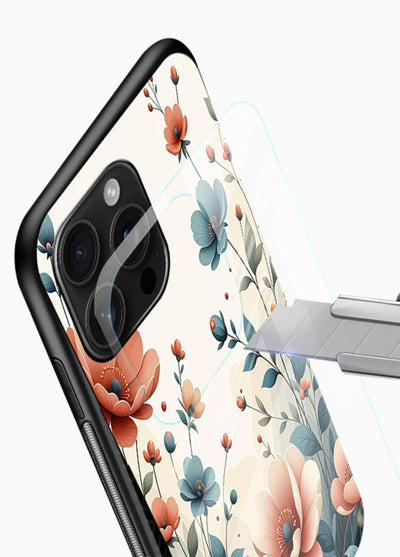 Cream floral artwork on glossy vibrant premium glass back cover with warm vintage botanical detail. - Angle Blade