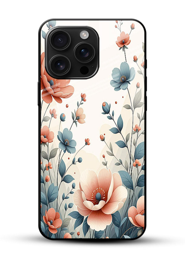 Cream floral artwork on glossy vibrant premium glass back cover with warm vintage botanical detail. - Angle Front