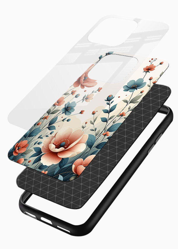 Cream floral artwork on glossy vibrant premium glass back cover with warm vintage botanical detail. - Angle Layers