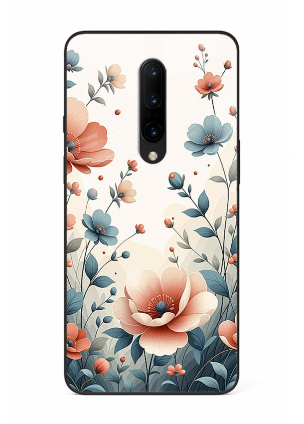Cream floral artwork on OnePlus 8 glass back cover with warm vintage botanical detail.