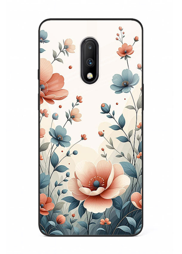 Cream floral artwork on OnePlus 7 glass back cover with warm vintage botanical detail.