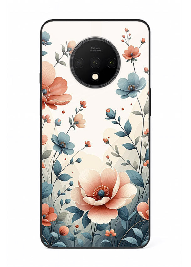 Cream floral artwork on OnePlus 7T glass back cover with warm vintage botanical detail.