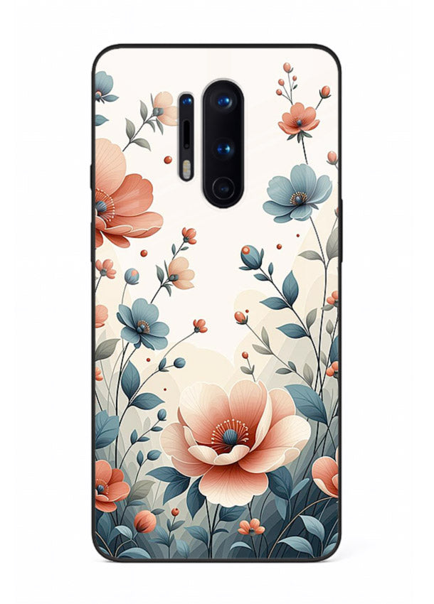 Cream floral artwork on OnePlus 8 Pro glass back cover with warm vintage botanical detail.
