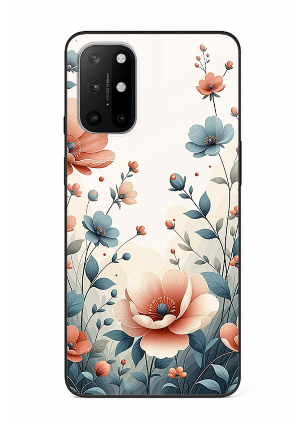 Cream floral artwork on OnePlus 8T glass back cover with warm vintage botanical detail.