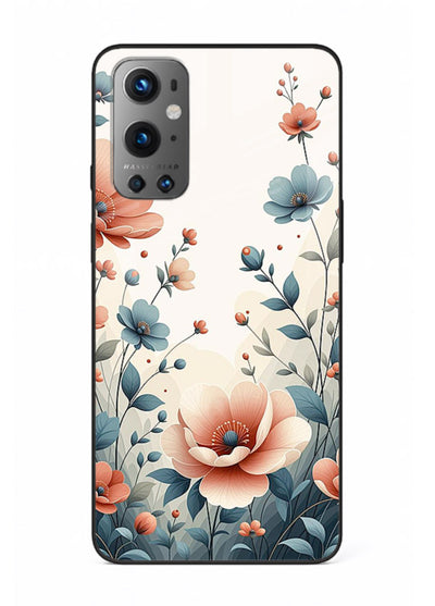 Cream floral artwork on OnePlus 9 glass back cover with warm vintage botanical detail.