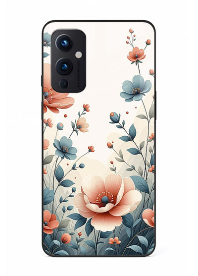 Cream floral artwork on OnePlus 9 Pro glass back cover with warm vintage botanical detail.
