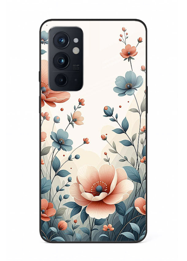 Cream floral artwork on OnePlus 9RT glass back cover with warm vintage botanical detail.
