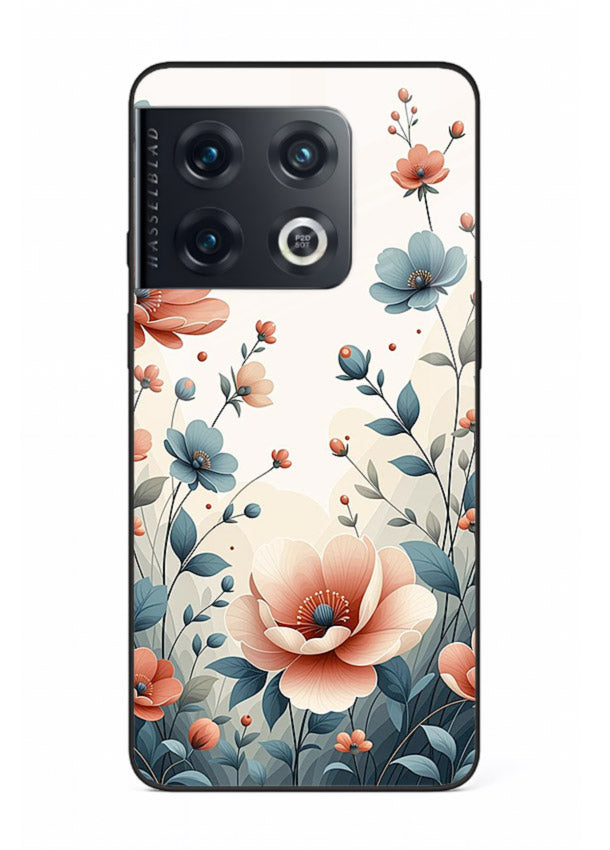Cream floral artwork on OnePlus 10 Pro glass back cover with warm vintage botanical detail.