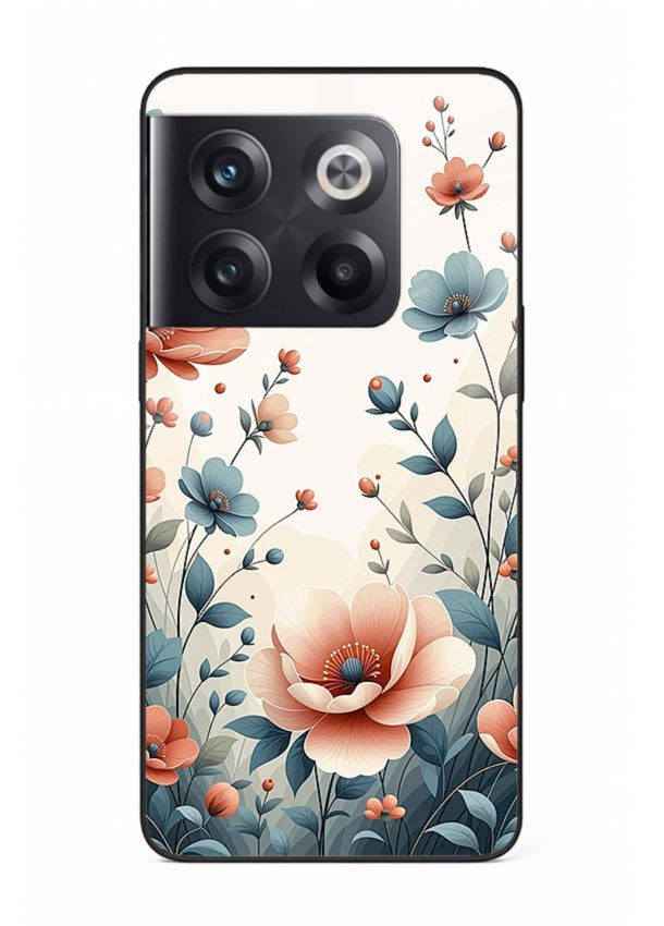 Cream floral artwork on OnePlus 10T glass back cover with warm vintage botanical detail.