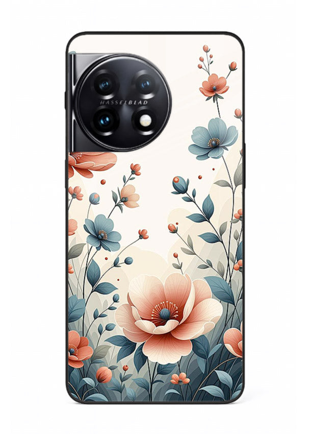 Cream floral artwork on OnePlus 11 glass back cover with warm vintage botanical detail.