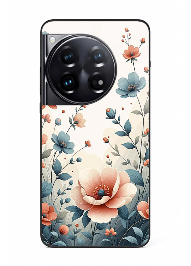 Cream floral artwork on OnePlus 12 glass back cover with warm vintage botanical detail.