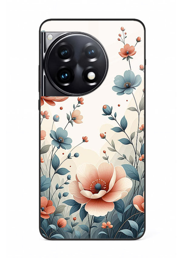 Cream floral artwork on OnePlus 12R glass back cover with warm vintage botanical detail.
