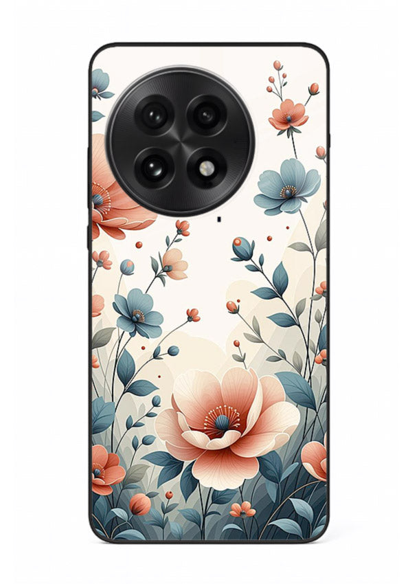 Cream floral artwork on OnePlus 13 glass back cover with warm vintage botanical detail.