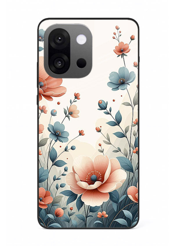 Cream floral artwork on OnePlus 13s glass back cover with warm vintage botanical detail.