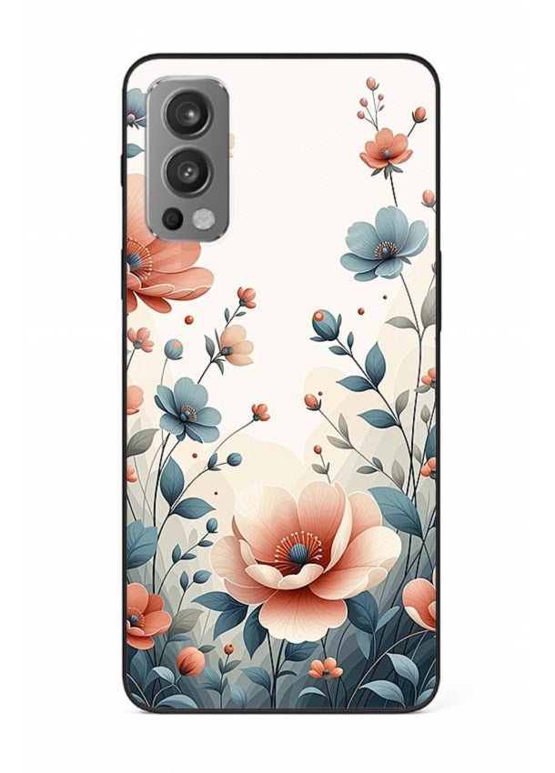 Cream floral artwork on OnePlus Nord 2 glass back cover with warm vintage botanical detail.