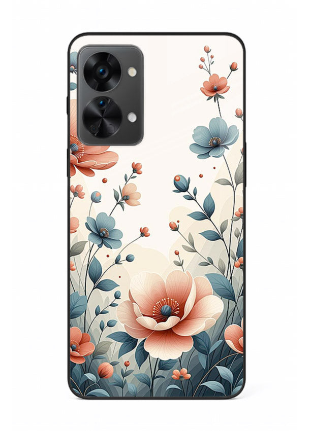 Cream floral artwork on OnePlus Nord 2T glass back cover with warm vintage botanical detail.