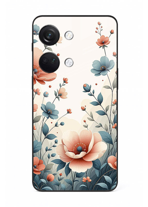 Cream floral artwork on OnePlus Nord 3 glass back cover with warm vintage botanical detail.