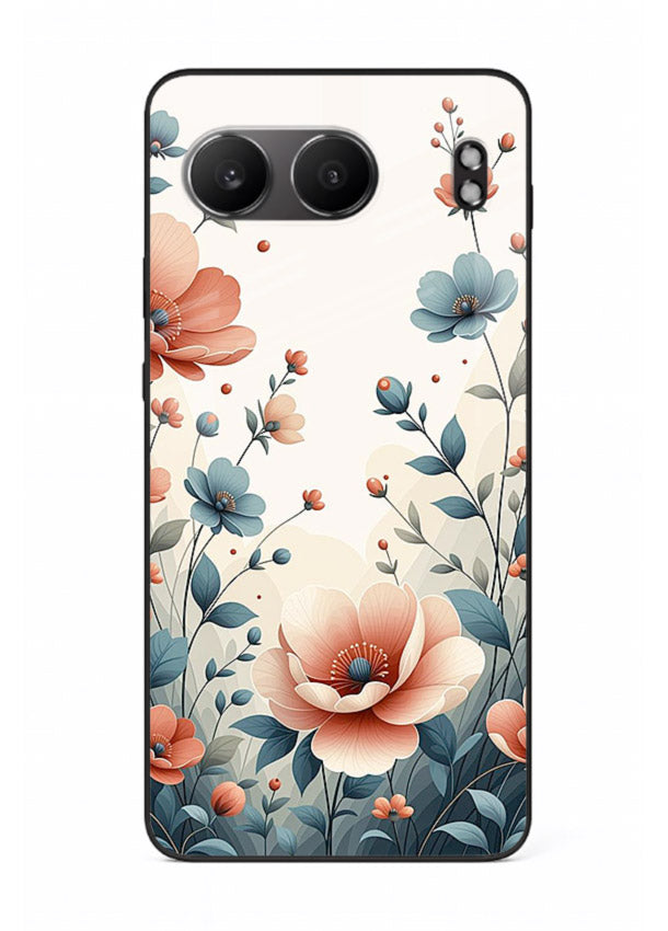 Cream floral artwork on OnePlus Nord 4 glass back cover with warm vintage botanical detail.