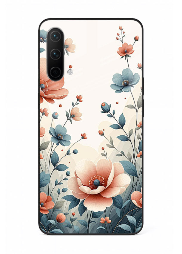 Cream floral artwork on OnePlus Nord CE 5G glass back cover with warm vintage botanical detail.