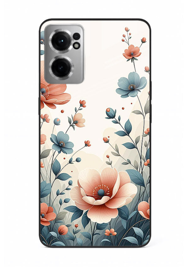 Cream floral artwork on OnePlus Nord CE2 5G glass back cover with warm vintage botanical detail.