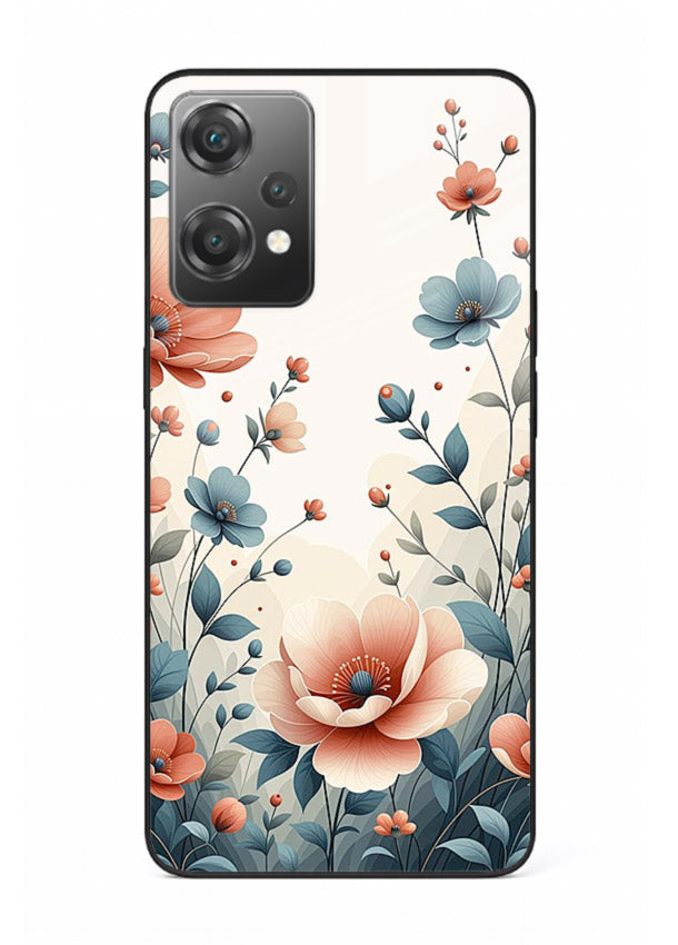 Cream floral artwork on OnePlus Nord CE2 Lite 5G glass back cover with warm vintage botanical detail.