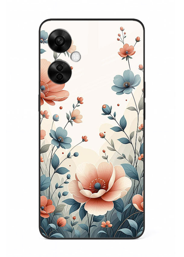 Cream floral artwork on OnePlus Nord CE3 Lite glass back cover with warm vintage botanical detail.