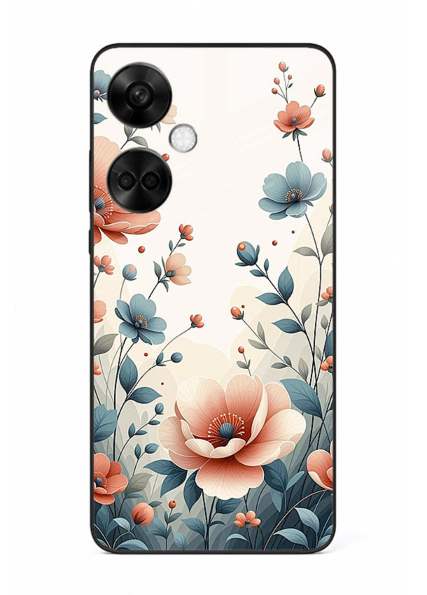 Cream floral artwork on OnePlus Nord CE3 glass back cover with warm vintage botanical detail.