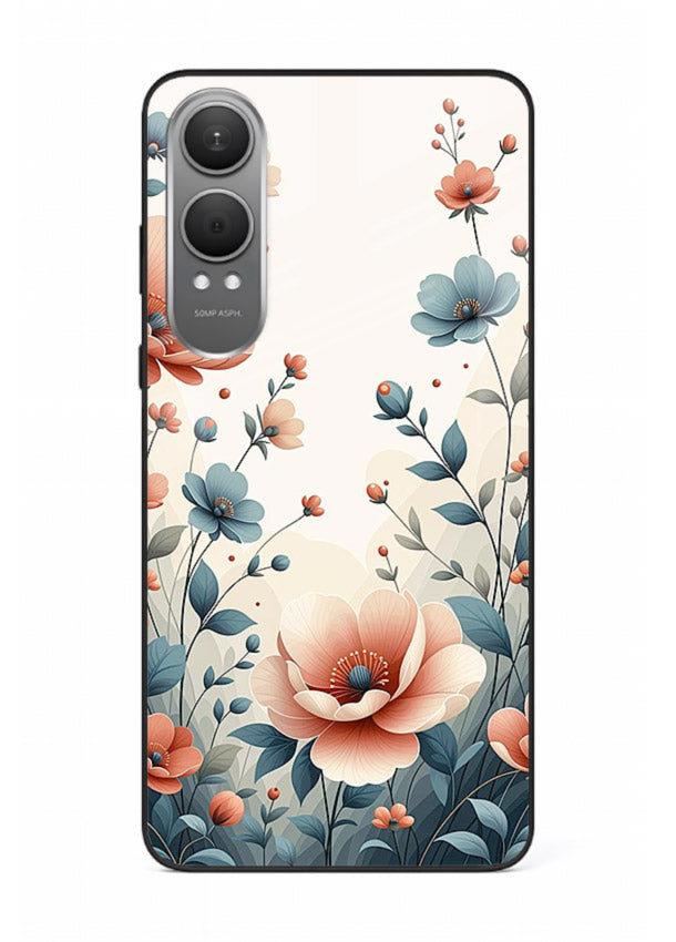 Cream floral artwork on OnePlus Nord CE4 Lite glass back cover with warm vintage botanical detail.