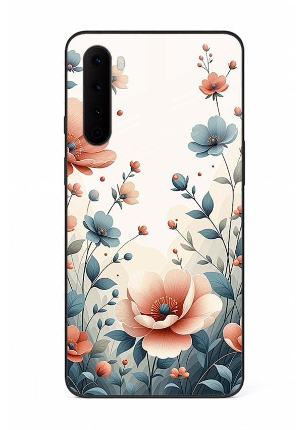 Cream floral artwork on OnePlus Nord glass back cover with warm vintage botanical detail.