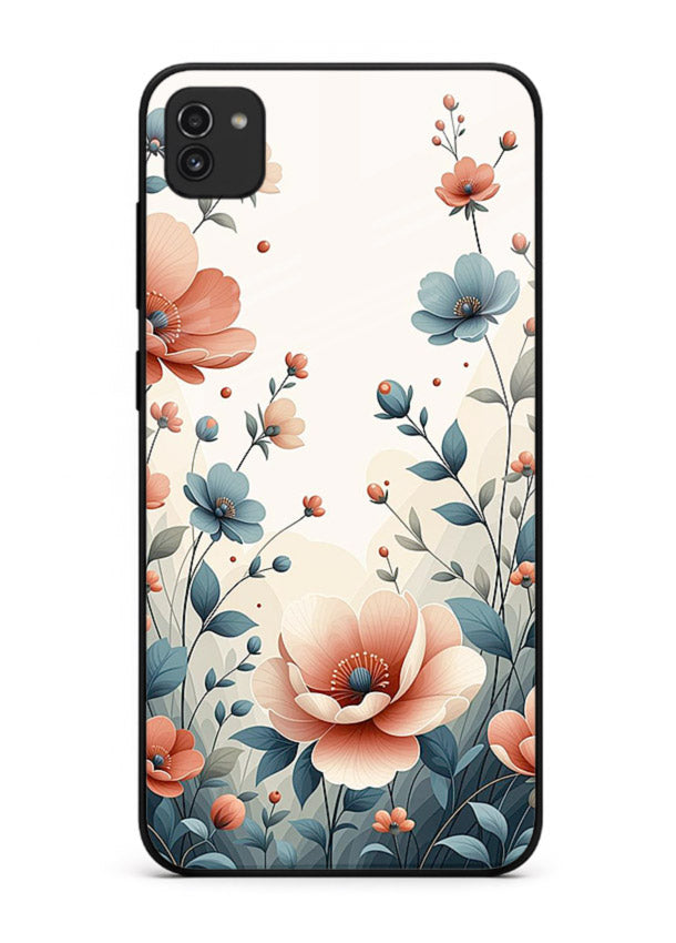 Cream floral artwork on Samsung A03 glass back cover with warm vintage botanical detail.
