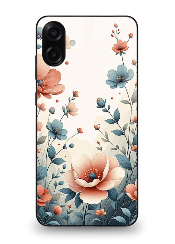 Cream floral artwork on Samsung A07 4G glass back cover with warm vintage botanical detail.