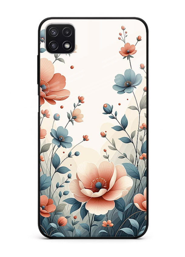 Cream floral artwork on Samsung F42 5G glass back cover with warm vintage botanical detail.