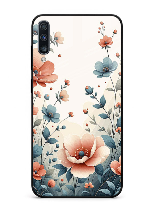 Cream floral artwork on Samsung A70 glass back cover with warm vintage botanical detail.