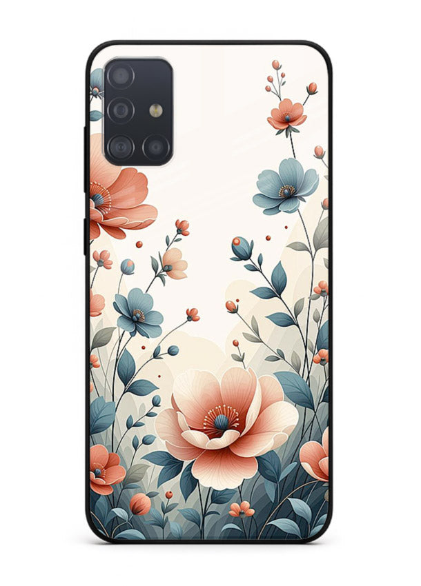 Cream floral artwork on Samsung A71 glass back cover with warm vintage botanical detail.