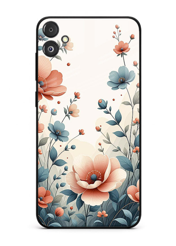 Cream floral artwork on Samsung F04 5G glass back cover with warm vintage botanical detail.
