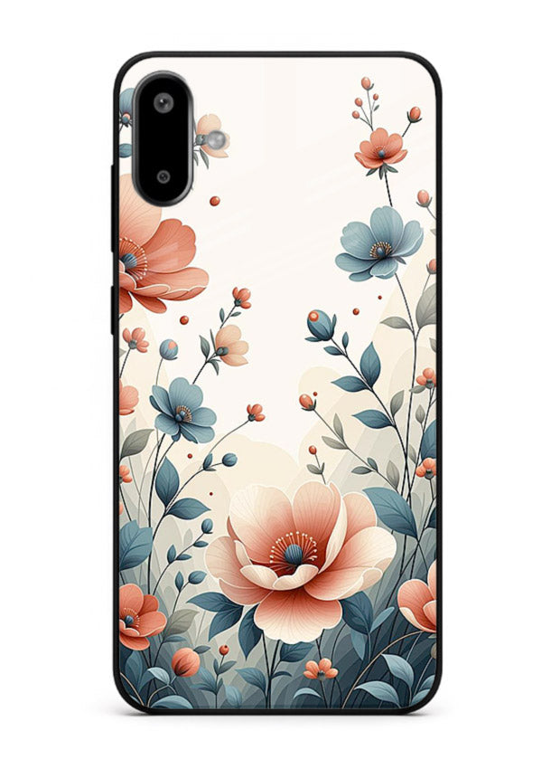 Cream floral artwork on Samsung F06 5G glass back cover with warm vintage botanical detail.