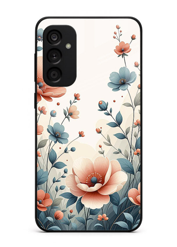 Cream floral artwork on Samsung M15 5G glass back cover with warm vintage botanical detail.