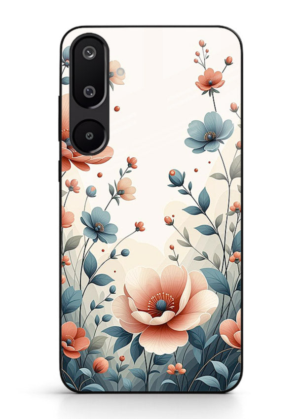 Cream floral artwork on Samsung M16 5G glass back cover with warm vintage botanical detail.