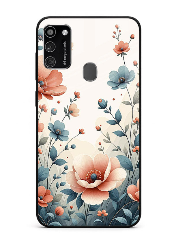Cream floral artwork on Samsung M30s glass back cover with warm vintage botanical detail.
