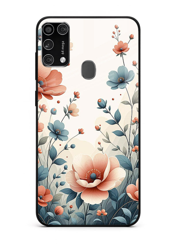 Cream floral artwork on Samsung M31 Prime glass back cover with warm vintage botanical detail.