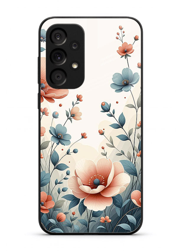 Cream floral artwork on Samsung A33 5G glass back cover with warm vintage botanical detail.