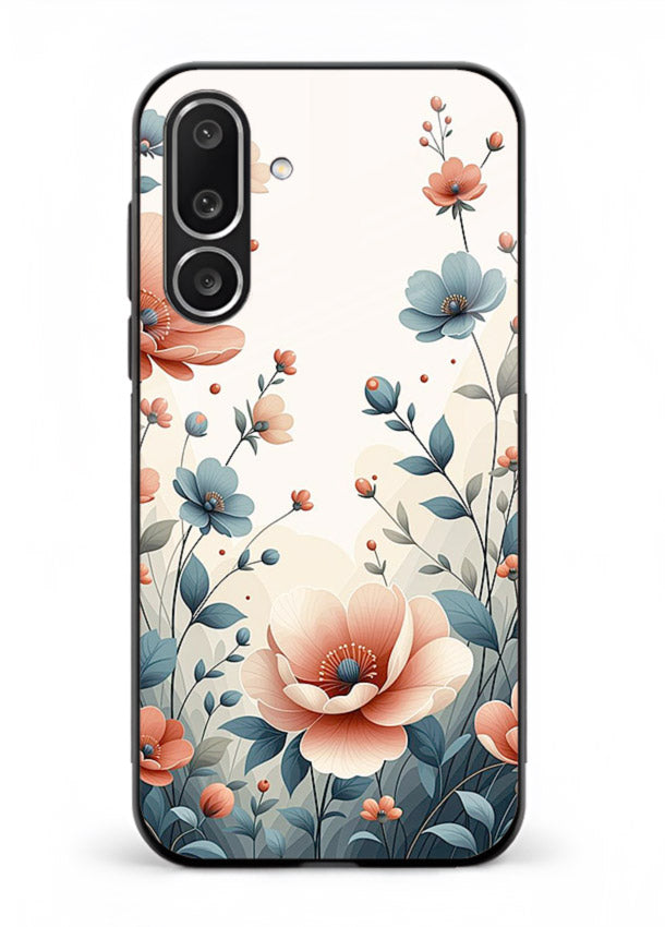 Cream floral artwork on Samsung F56 5G glass back cover with warm vintage botanical detail.