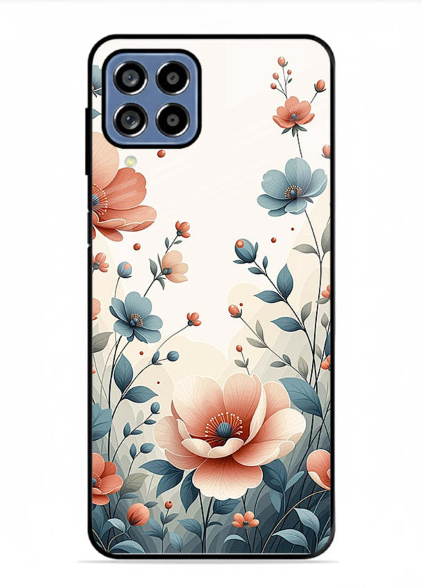 Cream floral artwork on Samsung F12 5G glass back cover with warm vintage botanical detail.