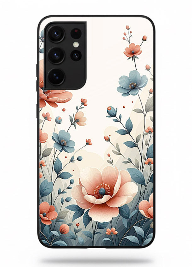 Cream floral artwork on Samsung S21 Ultra glass back cover with warm vintage botanical detail.