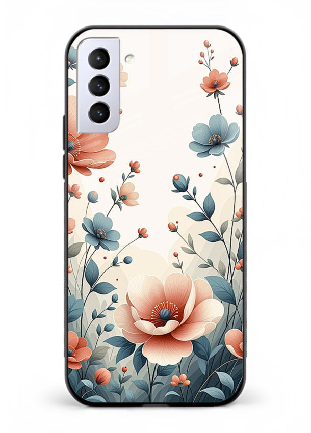 Cream floral artwork on Samsung S21 FE glass back cover with warm vintage botanical detail.