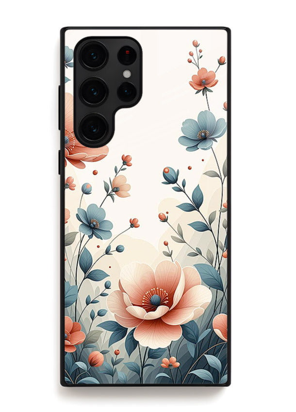Cream floral artwork on Samsung S22 Ultra glass back cover with warm vintage botanical detail.