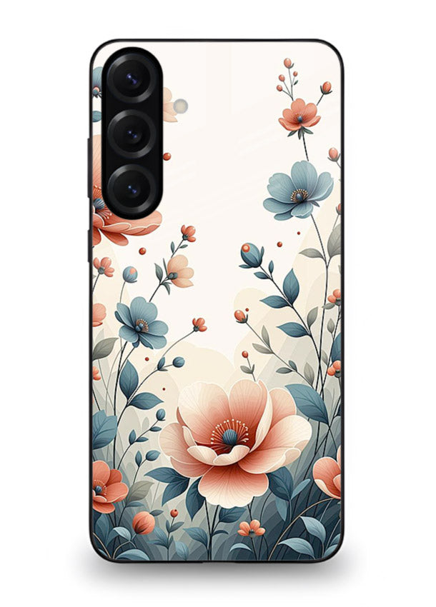 Cream floral artwork on Samsung A25 5G glass back cover with warm vintage botanical detail.