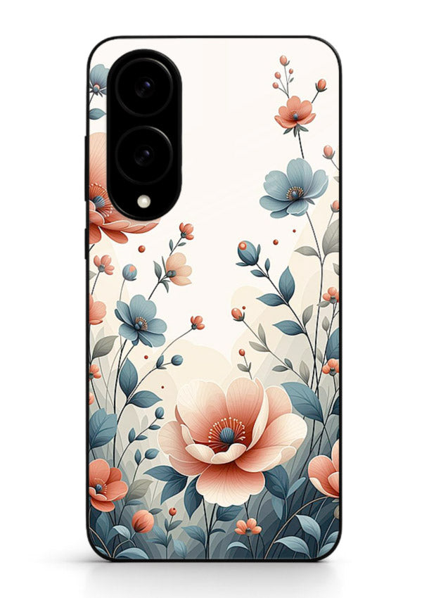 Cream floral artwork on Samsung S25 Edge glass back cover with warm vintage botanical detail.
