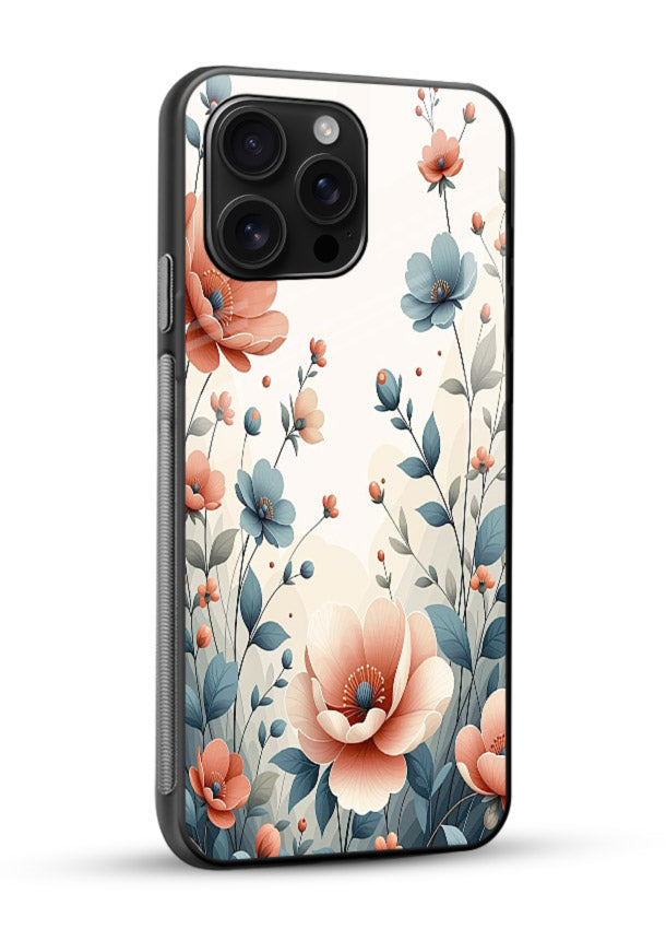 Cream floral artwork on glossy vibrant premium glass back cover with warm vintage botanical detail. - Angle Side