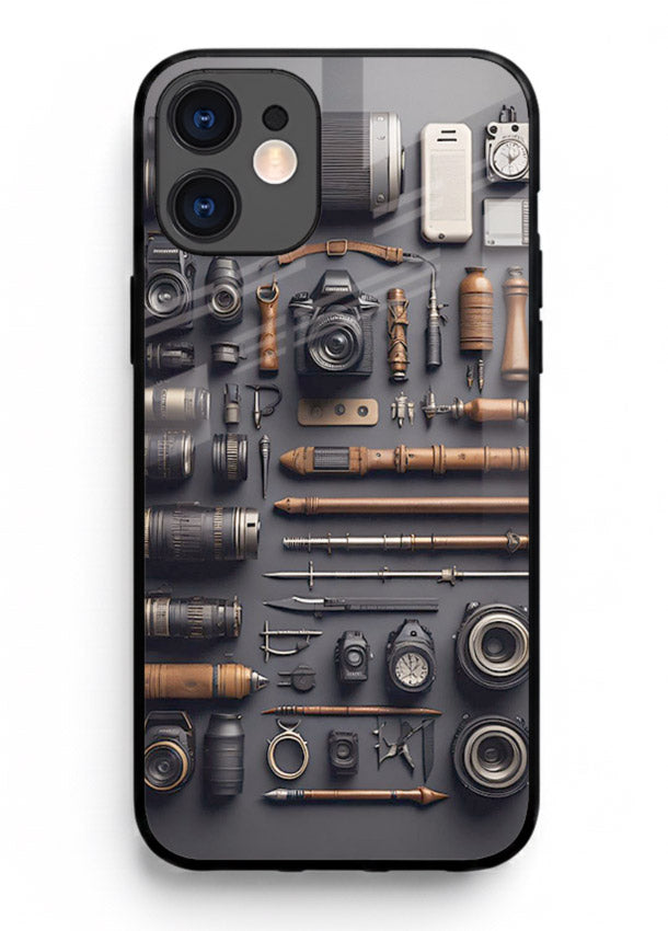 Camera tools flatlay artwork printed on glossy tempered glass iPhone 11 back cover